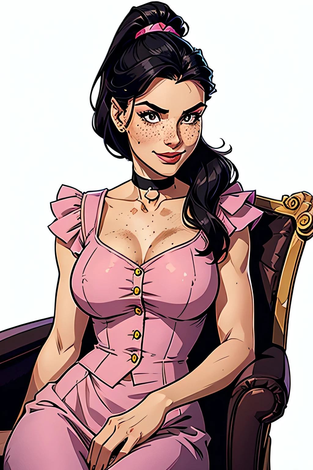 Thin woman, age 25, 4K (High definition), mysterious smile, seducing gaze, eyes browns, wearing a shocking pink dress with a boat neckline (with buttons) and short sleeves (with white frills), arms positioned at the side of the body, pele caucasiana, straight shoulder-length black hair, kneeling, full of curves with freckles on her chest and neck, natural round breasts. High-quality Marvel style, white background.