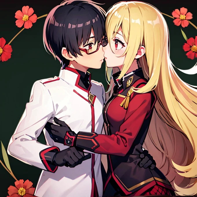 1 boy with black hair, Red jacket and glasses romantically kissing a girl with blonde hair and red eyes. Flower field in the background., True love, blushing cheeks, high quality 