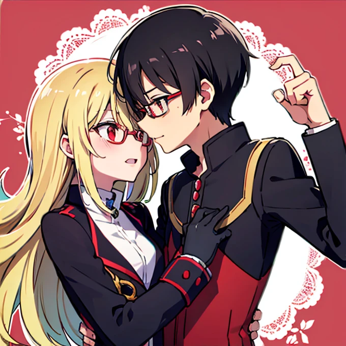 1 boy with black hair, Red jacket and glasses romantically kissing a girl with blonde hair and red eyes. Flower field in the background., True love, blushing cheeks, high quality 