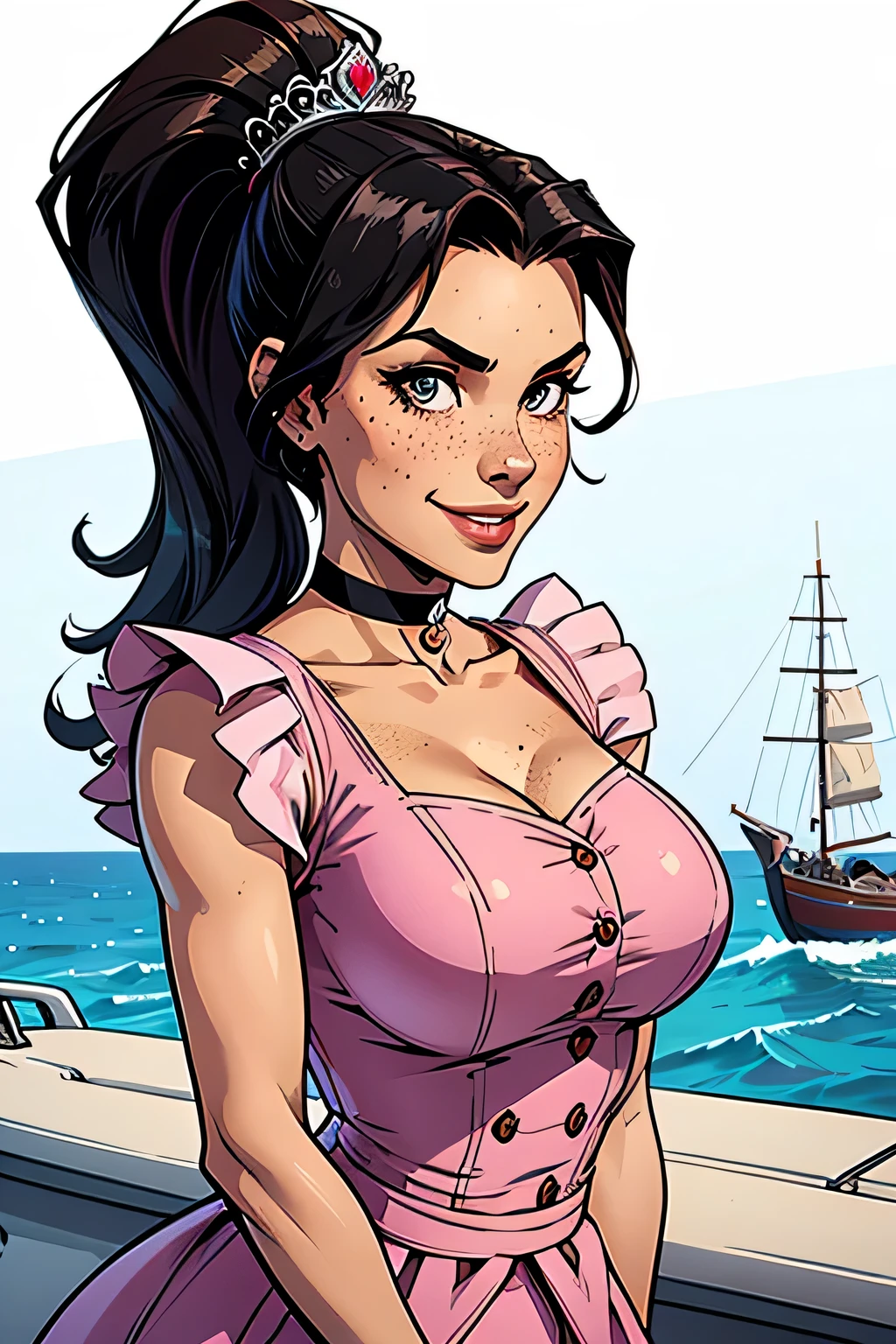 Thin woman, age 25, 4K (High definition), mysterious smile, seducing gaze, eyes browns, wearing a shocking pink dress with a boat neckline (with buttons) and short sleeves (with white frills), arms positioned at the side of the body, pele caucasiana, straight shoulder-length black hair, kneeling, full of curves with freckles on her chest and neck, natural round breasts. High-quality Marvel style, white background.
