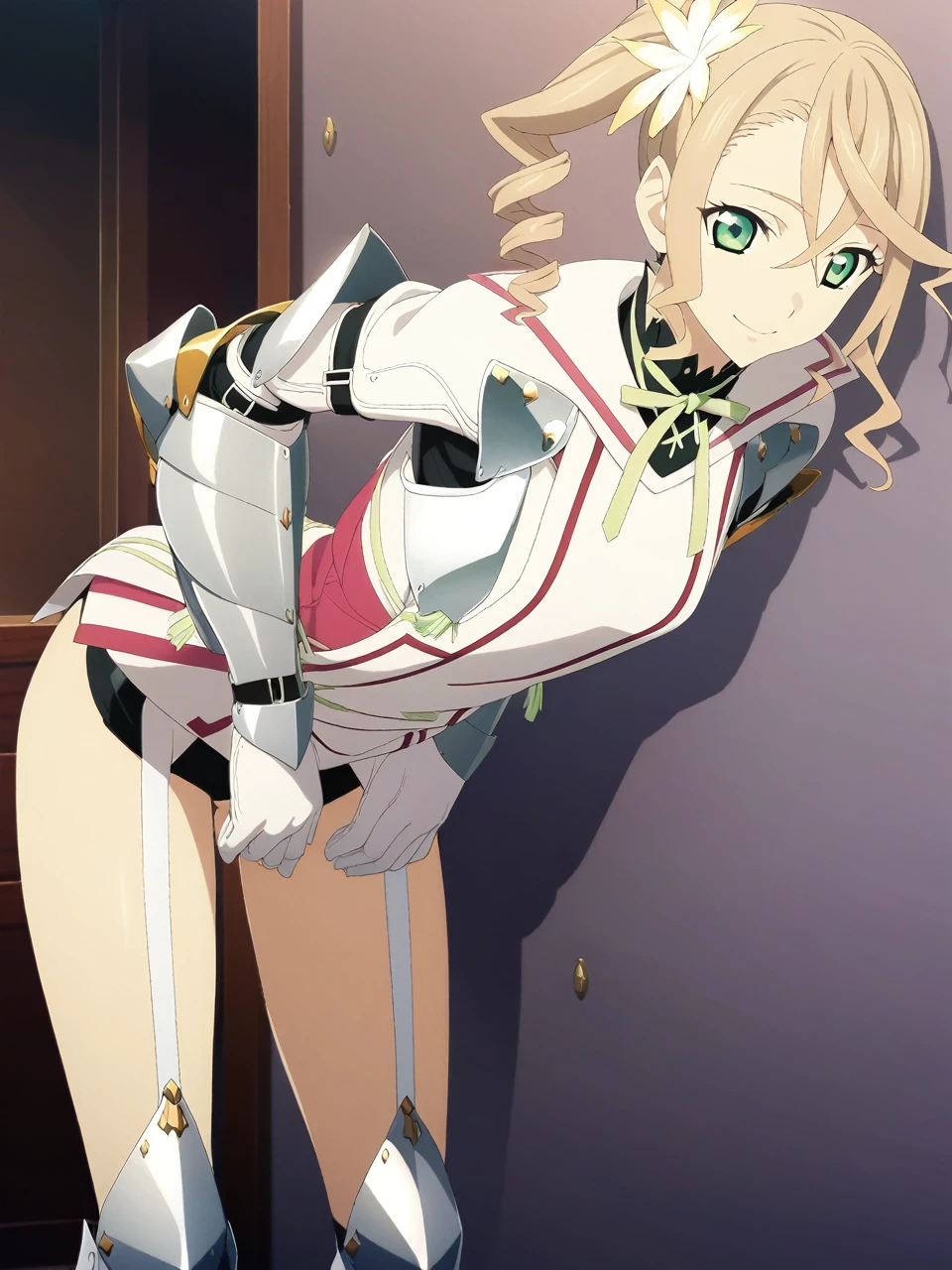 NSFW:1.5,adarmor, Blonde, Side Ponytail, Green Eyes, armor, Neck ribbon, Black shorts, Garter Straps, Gauntlet, gloves, Greaves, One girl, chest wall, Game CG, Anime screenshots, Official Art, masterpiece, Highest quality,A captivating smile,small breasts,stand,(leaning forward:1.3), (hands on thighs:1.3),(from behind),focus on hips