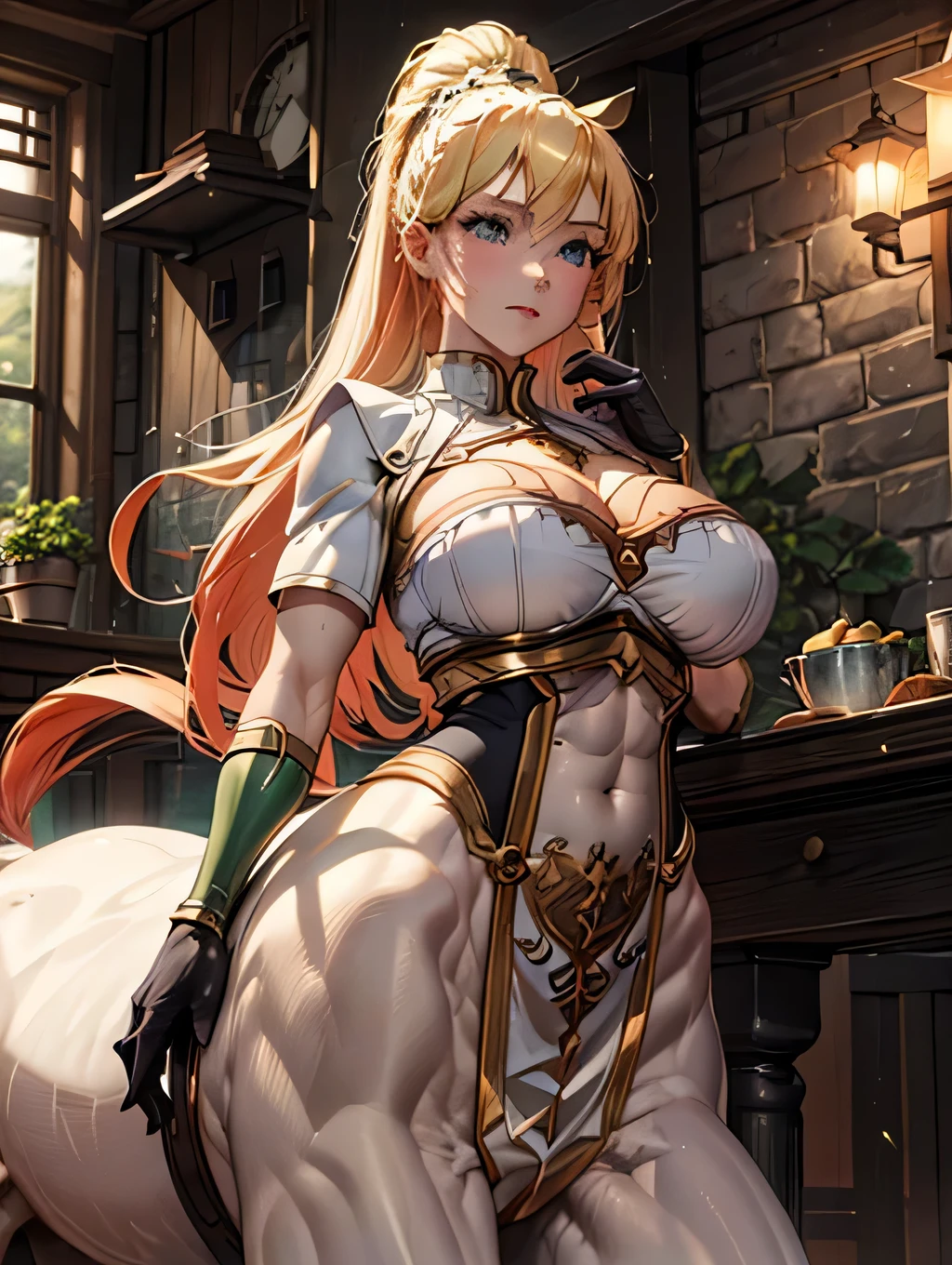 (Highest quality)、(Abs 6 Pack),Super huge 、Super big breasts、Big cleavage、Protruding areola,、Strong Abs、Cute Woman、Strengthen all body muscles、(Tough Bodybuilders)、White skin、(BIG ASS)、(Thick, muscular thighs with visible veins,)、Gentle laughter、Hairy armpits、Armpit hair becomes darker and thicker、smile、Upper body naked、Large areola、Long golden hair、Green Eyes、Golden Hair、Full body image、Green Eyes、very dense armpit hair、Very thick black pubic hair、A relaxed and relaxed look、Lower body of a horse、centaur、The strong body of a horse、Muscular lower body of a horse、Huge and protruding boobs、Dark brown horse body、Dark brown horse body、強い筋肉のcentaur、Vast grassland。