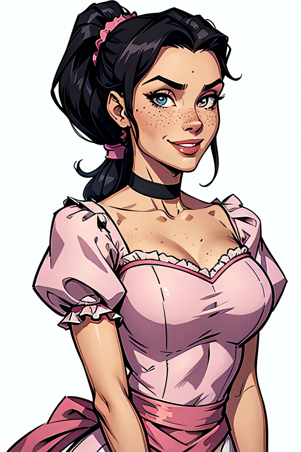 Thin woman, age 25, 4K (High definition), thoughtful, seducing gaze, eyes browns, wearing a long pink dress with a boat neck (with buttons) and short sleeves (with white frills), arms positioned at the side of the body, pele caucasiana, straight shoulder-length black hair, upper body, full of curves with freckles on her chest and neck, round breasts. High-quality Marvel style, white background.