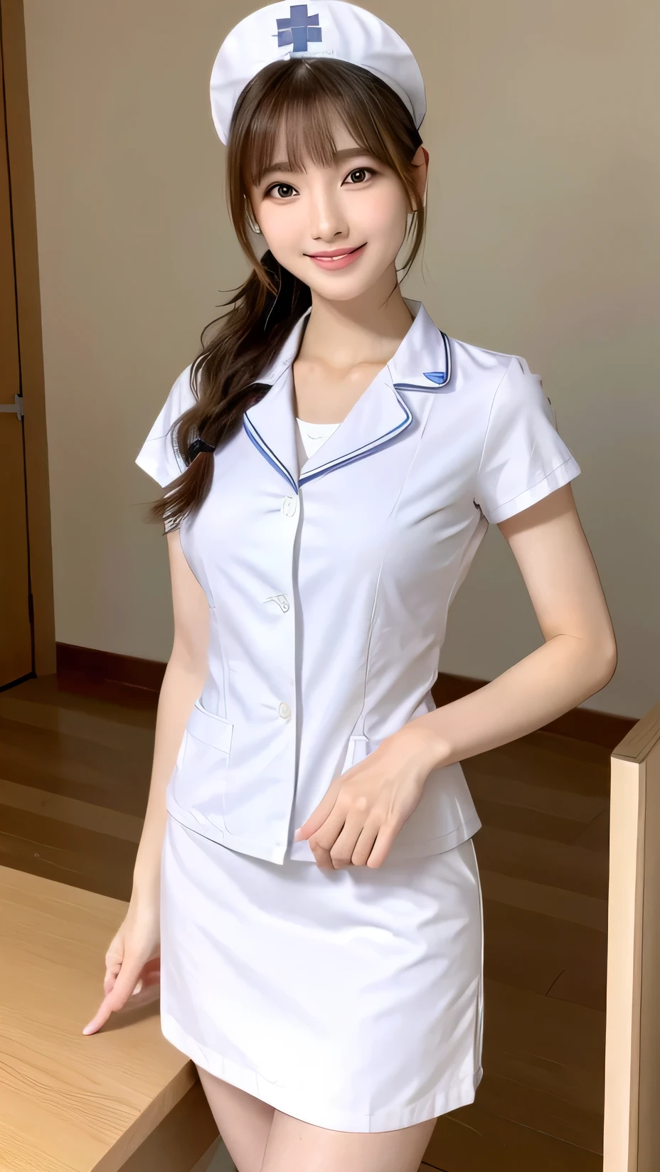 ((Best Quality, 8k, Masterpiece:1.3)), Focus:1.2, Perfect Body Beauty:1.4, Buttocks:1.2, ((Delicate Hair)), (Stylish Nurse Uniform:1.1) ,(Room, living room: 1.3), Highly detailed facial and skin texture, Fine eyes, Double eyelids, Whitening skin, Big breasts, smile, wearing a necklace,