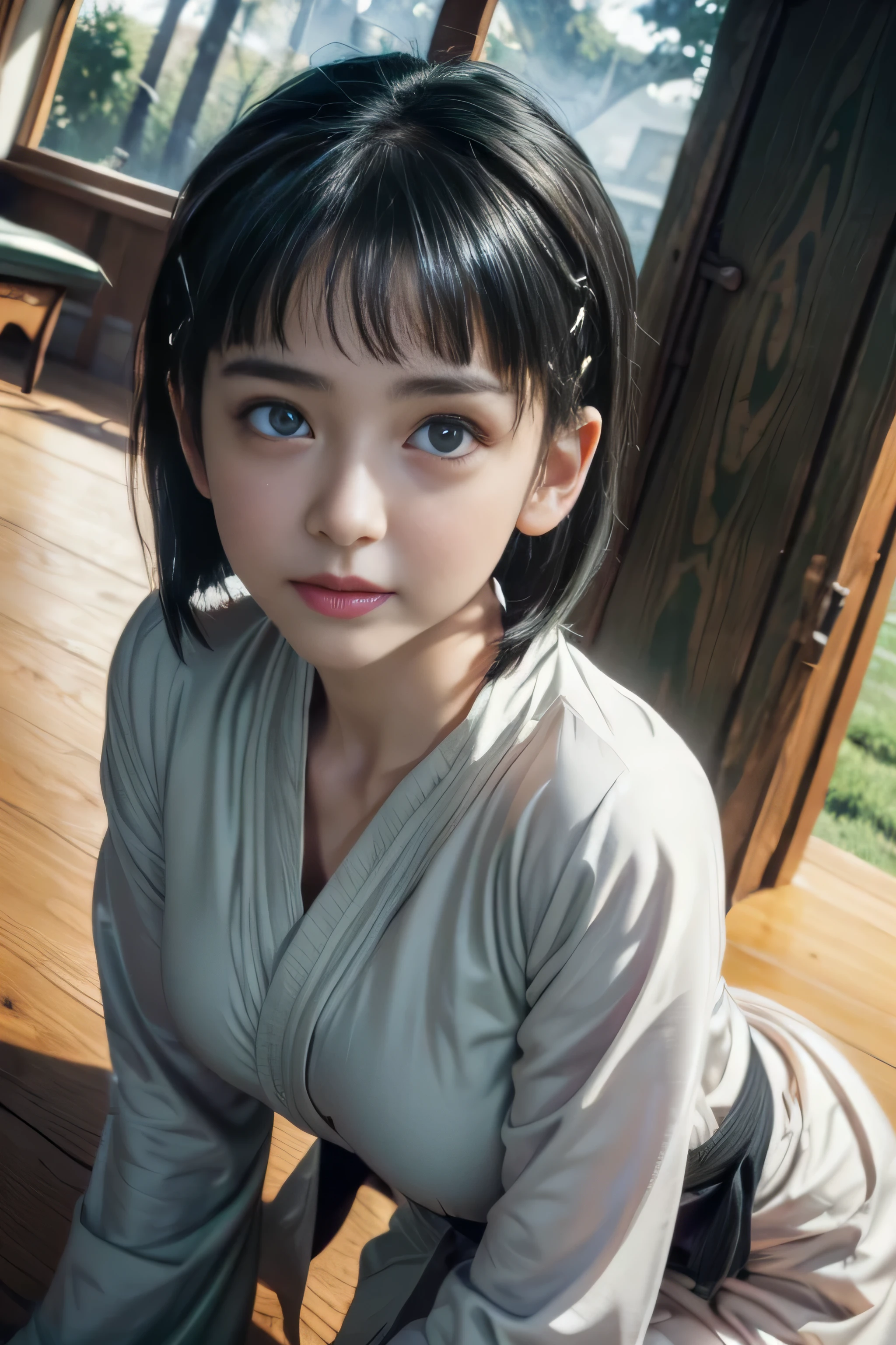 masterpiece, best quality, (realistic,photo-realistic:1.4), (RAW photo:1.2), extremely detailed CG unity 8k wallpaper, delicate and beautiful, amazing,finely detail, official art, absurdres, incredibly absurdres, huge filesize, ultra-detailed,extremely detailed eyes and face,light on face,(little smile),suguha,(black hair:1.4),(wearing robe:1.3),(nature background:1.4),(short hair:1.25),(green eyes:1.5),(hair clips:1.4),house,(night:1.4)