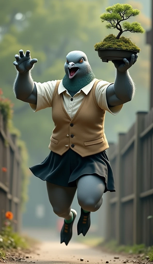 ((Highest quality)), ((masterpiece)), (detailed), A gray female pigeon with an angry expression and open mouth is wearing an off-white collared short-sleeved shirt, a light brown vest, a knee-length black skirt, dark green socks and black shoes.、He is playing cards at the table and pointing at me、Muscular grey female pigeon、Photorealistic images。