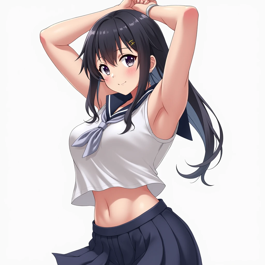 Pixel Perfect, Perfect in every detail, alone, 1 Girl, Saten Ruiko, Medium chest,Braid,Inside,belly button,Shorts,smile,Stylish pose,Stylish angle,Looking at the audience,centered in picture,alone,