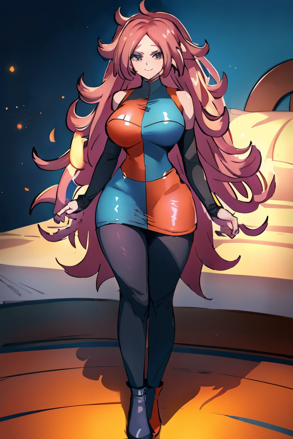 (((Android 21))), masterpiece, best quality, cowboy shot, 1girl, solo, saiyan armor, armor, black skirt, dress, wristband, black pantyhose, leggings, boots, bedroom background, indoors, nighttime, smile, happy, (Huge Breasts), wide hips, curvy, thin waist, looking at viewer, bare shoulders, blonde hair, medium hair, full Body