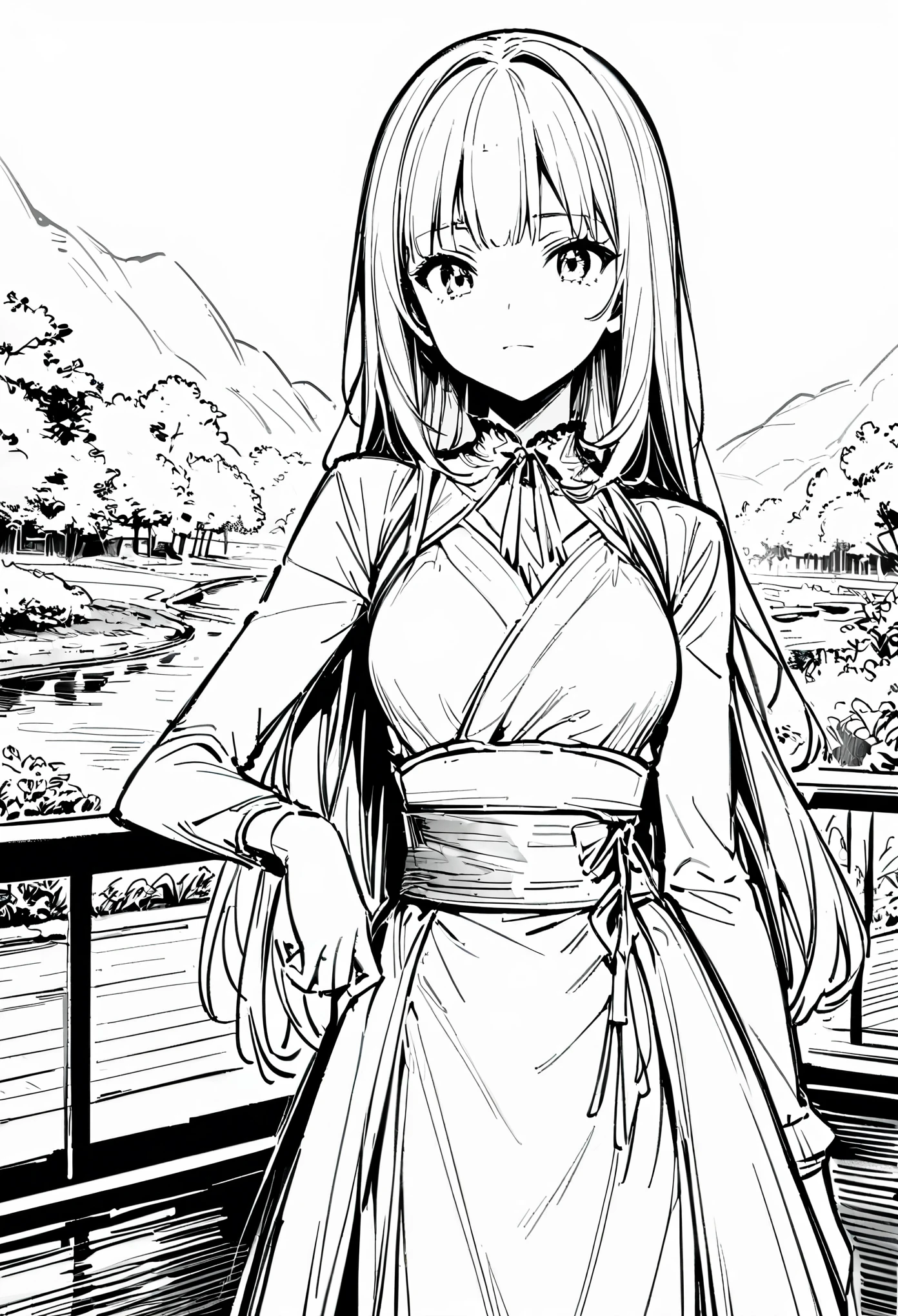 Masterpiece, Top Class, Unique, Line Art Background, White Background, Monochrome, Line Art, (Sketch)). (Best Quality: 1.2, Highly Detailed, Anime, Attention to Detail, Top Quality, Best Aesthetics), Slim figure: 1.4, Bust shot: 1.4, (Small Face), Girl in Beautiful Dress, White Hair, Hime Cut, Standing Upright on the Veranda: 1.5, (The Garden Has an Accurate Spring Flowing: 1.3), Japanese Countryside Scenery, Relaxed Time.