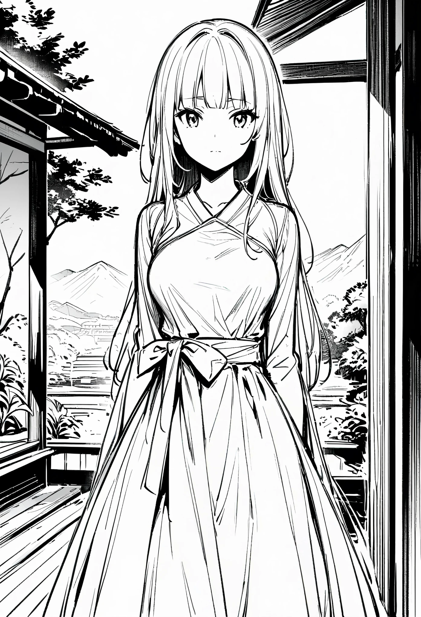 Masterpiece, Top Class, Unique, Line Art Background, White Background, Monochrome, Line Art, (Sketch)). (Best Quality: 1.2, Highly Detailed, Anime, Attention to Detail, Top Quality, Best Aesthetics), Slim figure: 1.4, Bust shot: 1.4, (Small Face), Girl in Beautiful Dress, White Hair, Hime Cut, Standing Upright on the Veranda: 1.5, (The Garden Has an Accurate Spring Flowing: 1.3), Japanese Countryside Scenery, Relaxed Time.