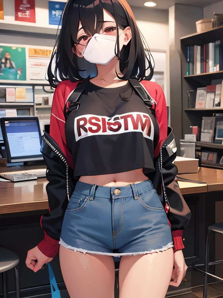 medium breasts,black hair, medium hair, red eyes, UHD, retina, masterpiece, accurate, anatomically correct, textured skin, high details, high quality, 8k, best quality,crop top,denim skirt,break,1dildo,underwear,(dildo under panties:1.1).dildo under clothes,dildo in pussy,standing,covering eyes,selfie,pov,