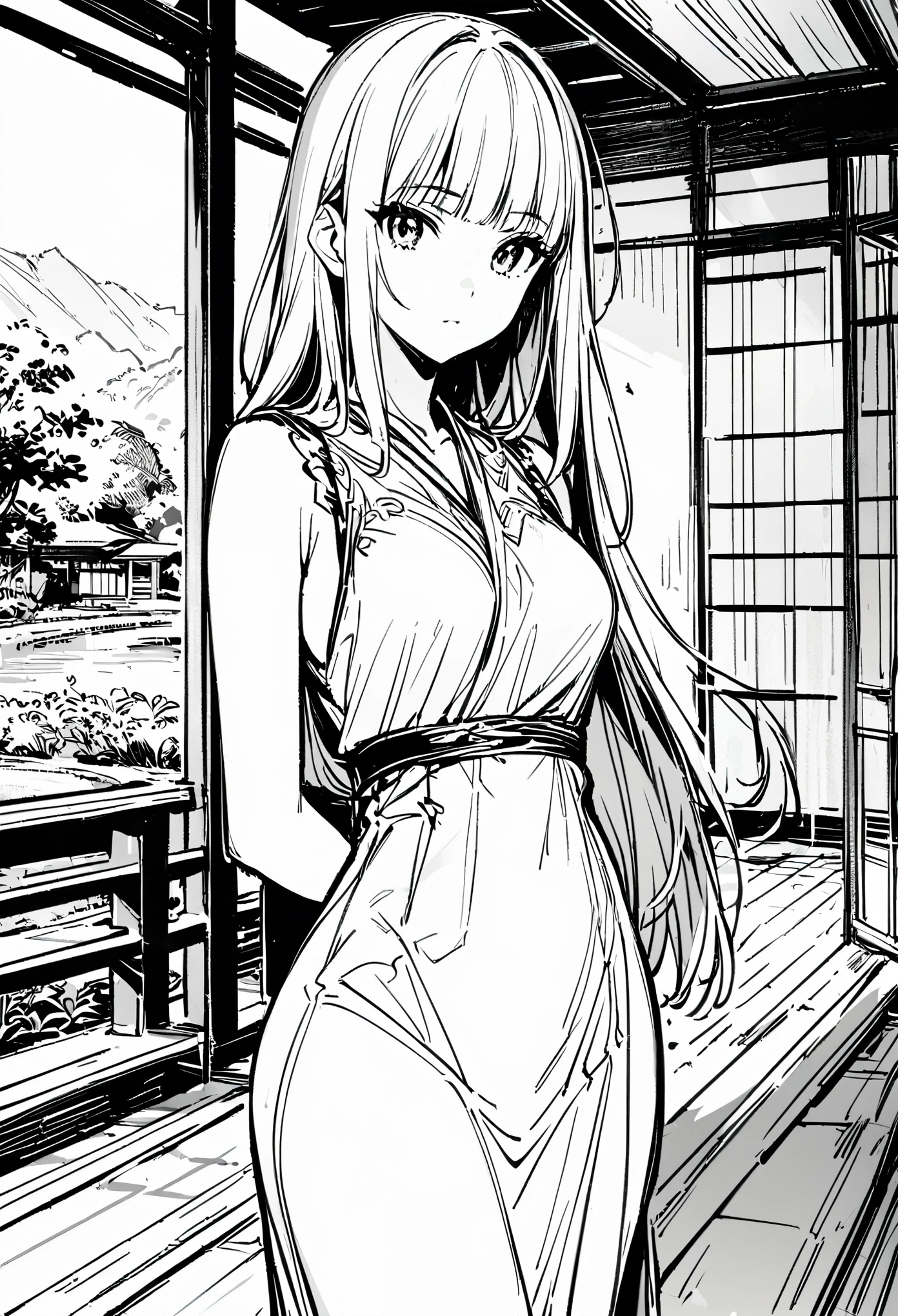 Masterpiece, Top Class, Unique, Line Art Background, White Background, Monochrome, Line Art, (Sketch)). (Best Quality: 1.2, Highly Detailed, Anime, Attention to Detail, Top Quality, Best Aesthetics), Slim figure: 1.4, Bust shot: 1.4, (Small Face), Girl in Beautiful Dress, White Hair, Hime Cut, Standing Upright on the Veranda: 1.5, (The Garden Has an Accurate Spring Flowing: 1.3), Japanese Countryside Scenery, Relaxed Time.