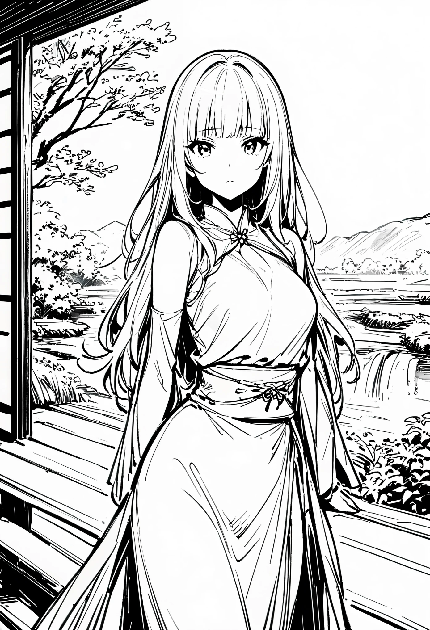 Masterpiece, Top Class, Unique, Line Art Background, White Background, Monochrome, Line Art, (Sketch)). (Best Quality: 1.2, Highly Detailed, Anime, Attention to Detail, Top Quality, Best Aesthetics), Slim figure: 1.4, Bust shot: 1.4, (Small Face), Girl in Beautiful Dress, White Hair, Hime Cut, Standing Upright on the Veranda: 1.5, (The Garden Has an Accurate Spring Flowing: 1.3), Japanese Countryside Scenery, Relaxed Time.