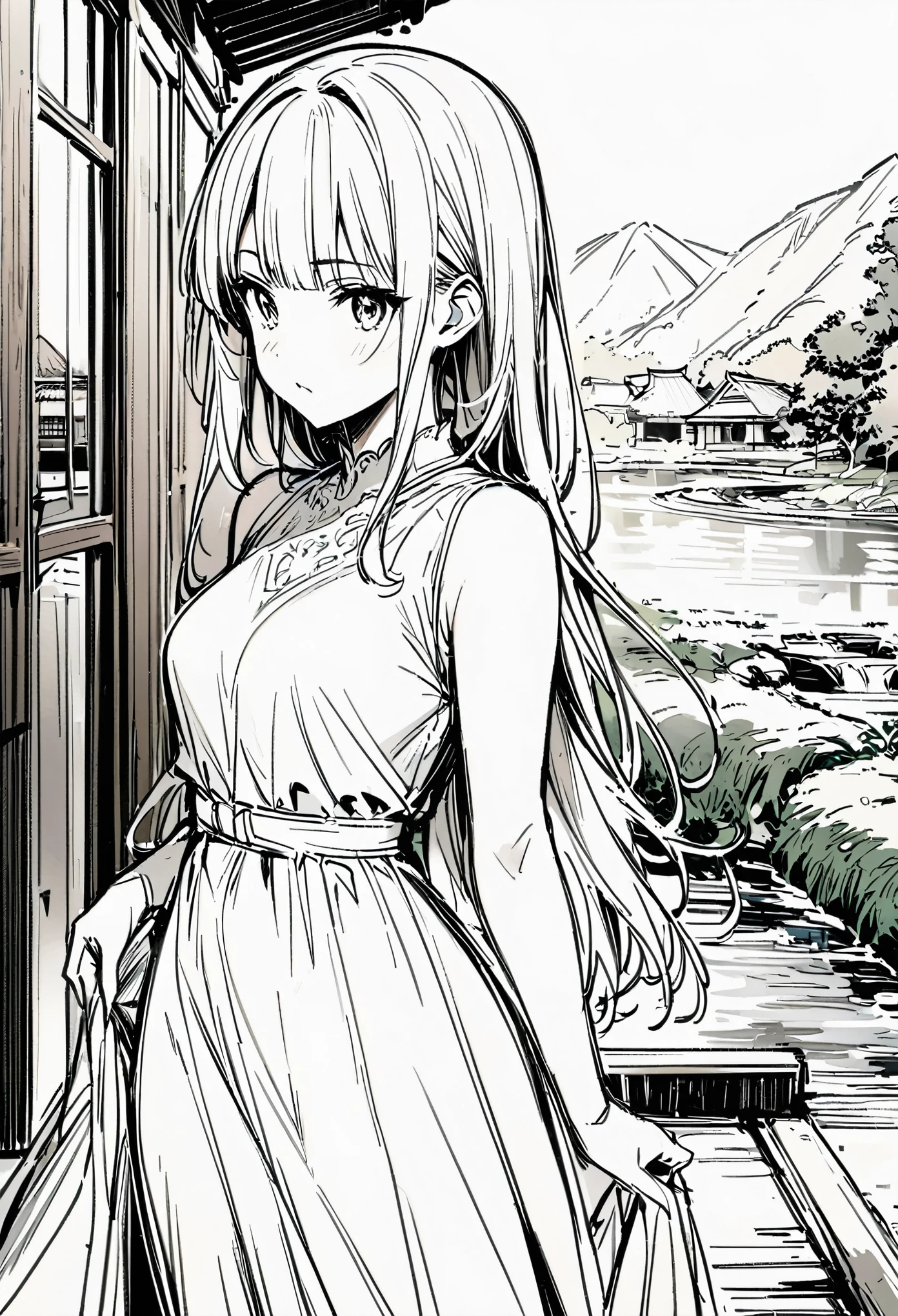 Masterpiece, Top Class, Unique, Line Art Background, White Background, Monochrome, Line Art, (Sketch)). (Best Quality: 1.2, Highly Detailed, Anime, Attention to Detail, Top Quality, Best Aesthetics), Slim figure: 1.4, Bust shot: 1.4, (Small Face), Girl in Beautiful Dress, White Hair, Hime Cut, Standing Upright on the Veranda: 1.5, (The Garden Has an Accurate Spring Flowing: 1.3), Japanese Countryside Scenery, Relaxed Time.