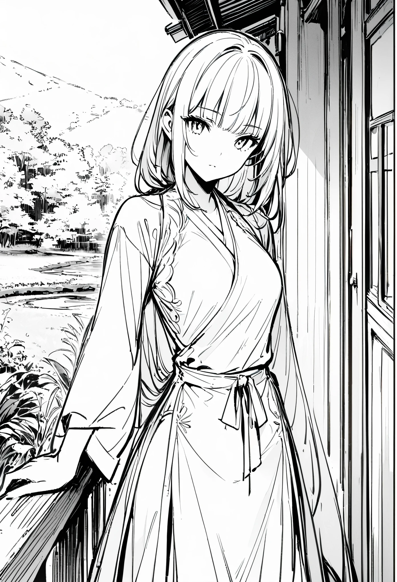 Masterpiece, Top Class, Unique, Line Art Background, White Background, Monochrome, Line Art, (Sketch)). (Best Quality: 1.2, Highly Detailed, Anime, Attention to Detail, Top Quality, Best Aesthetics), Slim figure: 1.4, Bust shot: 1.4, (Small Face), Girl in Beautiful Dress, White Hair, Hime Cut, Standing Upright on the Veranda: 1.5, (The Garden Has an Accurate Spring Flowing: 1.3), Japanese Countryside Scenery, Relaxed Time.