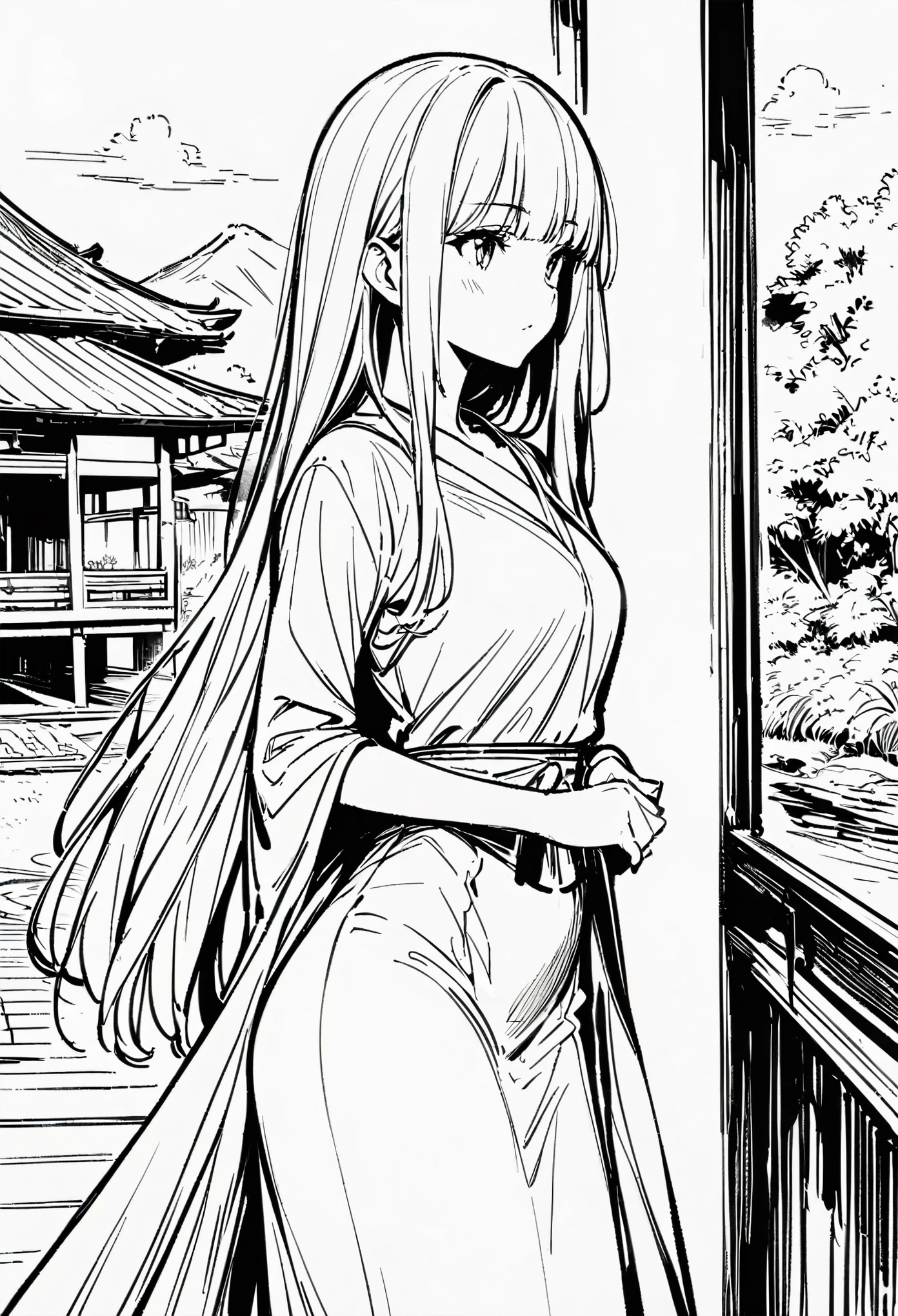 Masterpiece, Top Class, Unique, Line Art Background, White Background, Monochrome, Line Art, (Sketch)). (Best Quality: 1.2, Highly Detailed, Anime, Attention to Detail, Top Quality, Best Aesthetics), Slim figure: 1.4, Bust shot: 1.4, (Small Face), Girl in Beautiful Dress, White Hair, Hime Cut, Standing Upright on the Veranda: 1.5, (The Garden Has an Accurate Spring Flowing: 1.3), Japanese Countryside Scenery, Relaxed Time.
