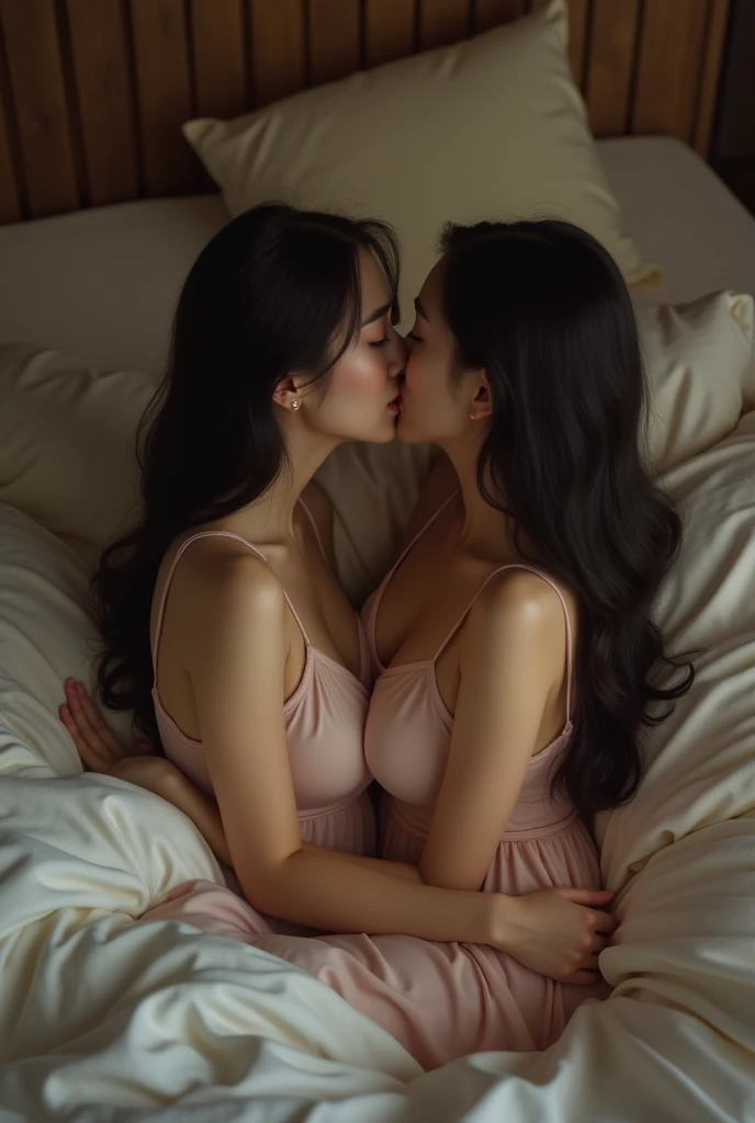 Two Korean women intertwined in sexy underwear on bed, Two instagrammers, Face resembles SANA from TWICE, Large breasts, Bewitching Korean woman, Bitch, (8k, Raw photo, Top quality, Masterpiece: 1.2), (Realistic, Realistic: 1.37), Super high resolution, droopy eyes, big breasts, Beautiful Breasts, Highly detailed face, Highly detailed lips, Double eyelids, Elaborate details and subtle sparkle, Shoot her in a pose that reflects both elegance and confidence, Enhance the visual effect with cinematic lighting. Use modern 2D design for the background, creating a beautiful, balanced composition. Enhance the scene with elements such as depth of field, bloom effects, and a touch of sparkle, adding a dreamy texture to the overall image. Pay close attention to detail