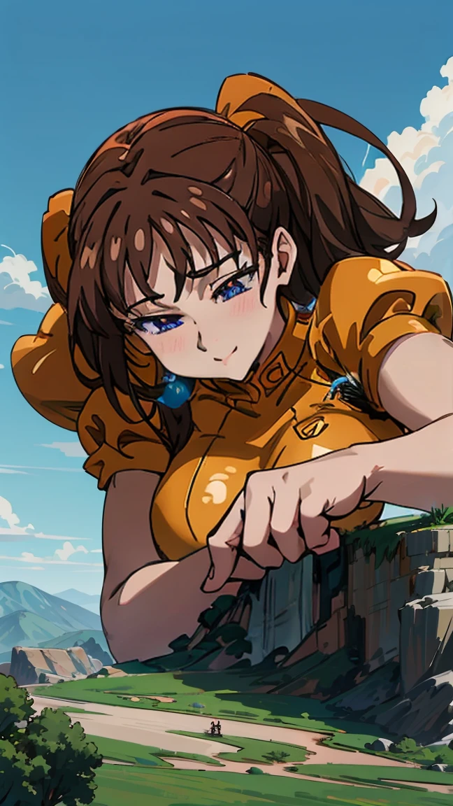 "Giantess Diane from Seven Deadly Sins, with a friendly and powerful demeanor (masterpiece, best quality). She has long light brown hair in twin ponytails and amber-colored eyes, filled with warmth and strength. Diane is wearing her iconic orange leotard, emphasizing her giantess strength and grace. Towering over a small knight, she gently but firmly holds him in place with her massive hand, her kind expression showing a mix of affection and care. The difference in their size emphasizes her immense power and protective nature. Background: A rocky terrain, with the earth subtly shifting under her control, the air filled with the energy of her Creation power. The scene reflects her gentle strength and deep connection to the land."

