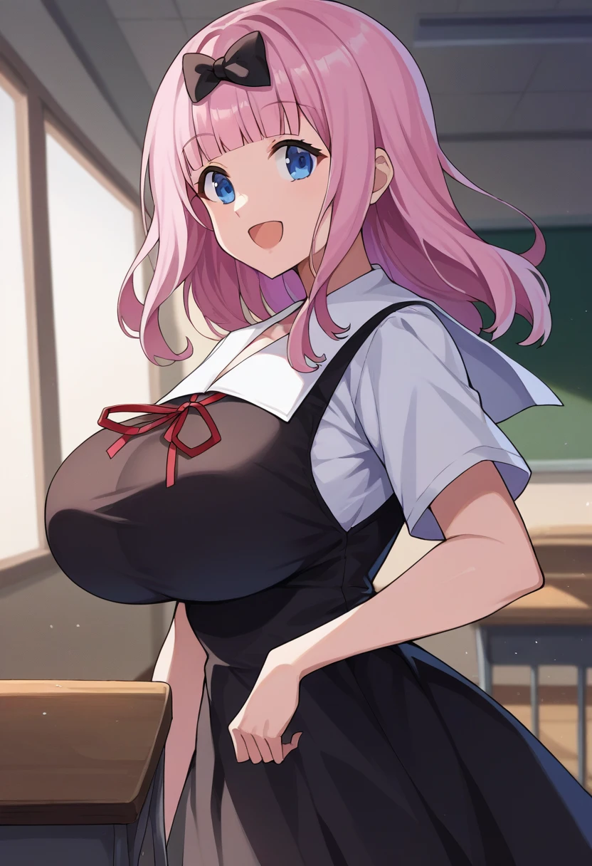 score_9, score_6_up, source_anime, 1girl, solo, classroom, chika, Blue eyes, pink hair, hair bow, black bow, black dress, white sailor collar, neck ribbon, red ribbon, short sleeves, white shirt, smile, open mouth,Huge breasts 、From the side