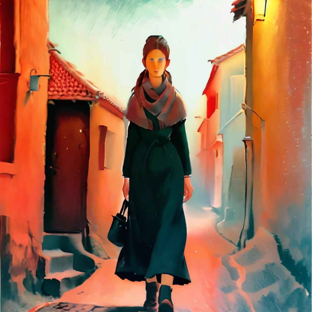 Woman walking down a red street