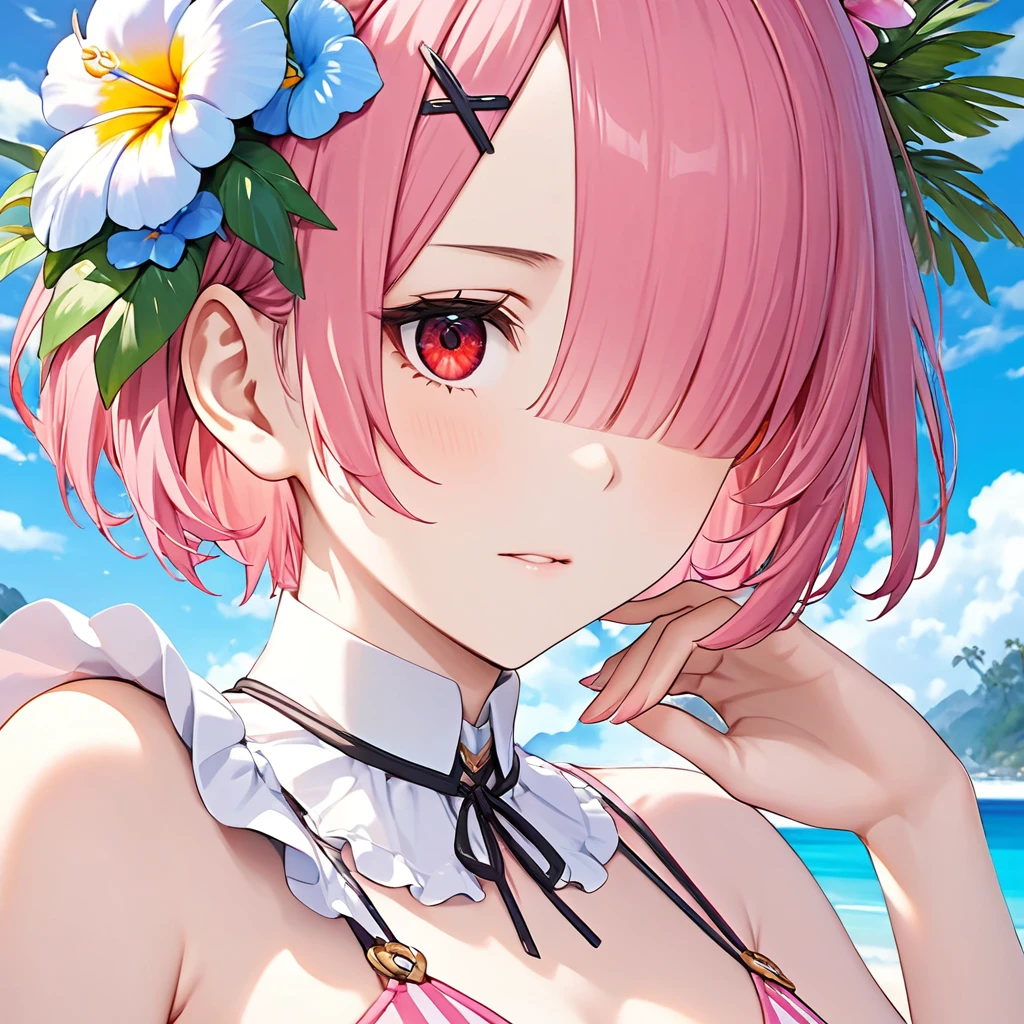 ram, ram,re:NULL, 1girl, pink hair, short hair, hair over one eye, red eye, chest、比基尼, striped, pink swimsuit, hair flower,  hair ornament, detached collar, Tropical Sea、Blue sky、Break The face is depicted in detail, down to each individual eyelash, super detailed face, super detailed eye, sharp focus、masterpiece、hasselblad, 16K, highres, super details, uhd, masterpiece、Beautiful attention to detail:1.2, Perfect lighting, (perfect hand, perfect anatomy), Precise depiction, game cg, Vibrant colors