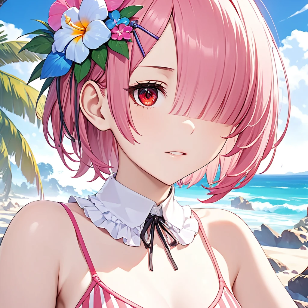 ram, ram,re:NULL, 1girl, pink hair, short hair, hair over one eye, red eye, chest、比基尼, striped, pink swimsuit, hair flower,  hair ornament, detached collar, Tropical Sea、Blue sky、Break The face is depicted in detail, down to each individual eyelash, super detailed face, super detailed eye, sharp focus、masterpiece、hasselblad, 16K, highres, super details, uhd, masterpiece、Beautiful attention to detail:1.2, Perfect lighting, (perfect hand, perfect anatomy), Precise depiction, game cg, Vibrant colors