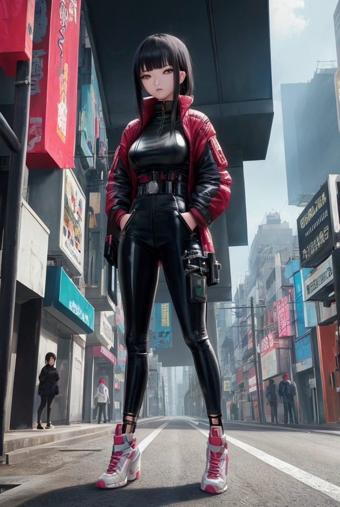 Asian girl standing in the middle of a street, cyberpunk city, Solo, full body view