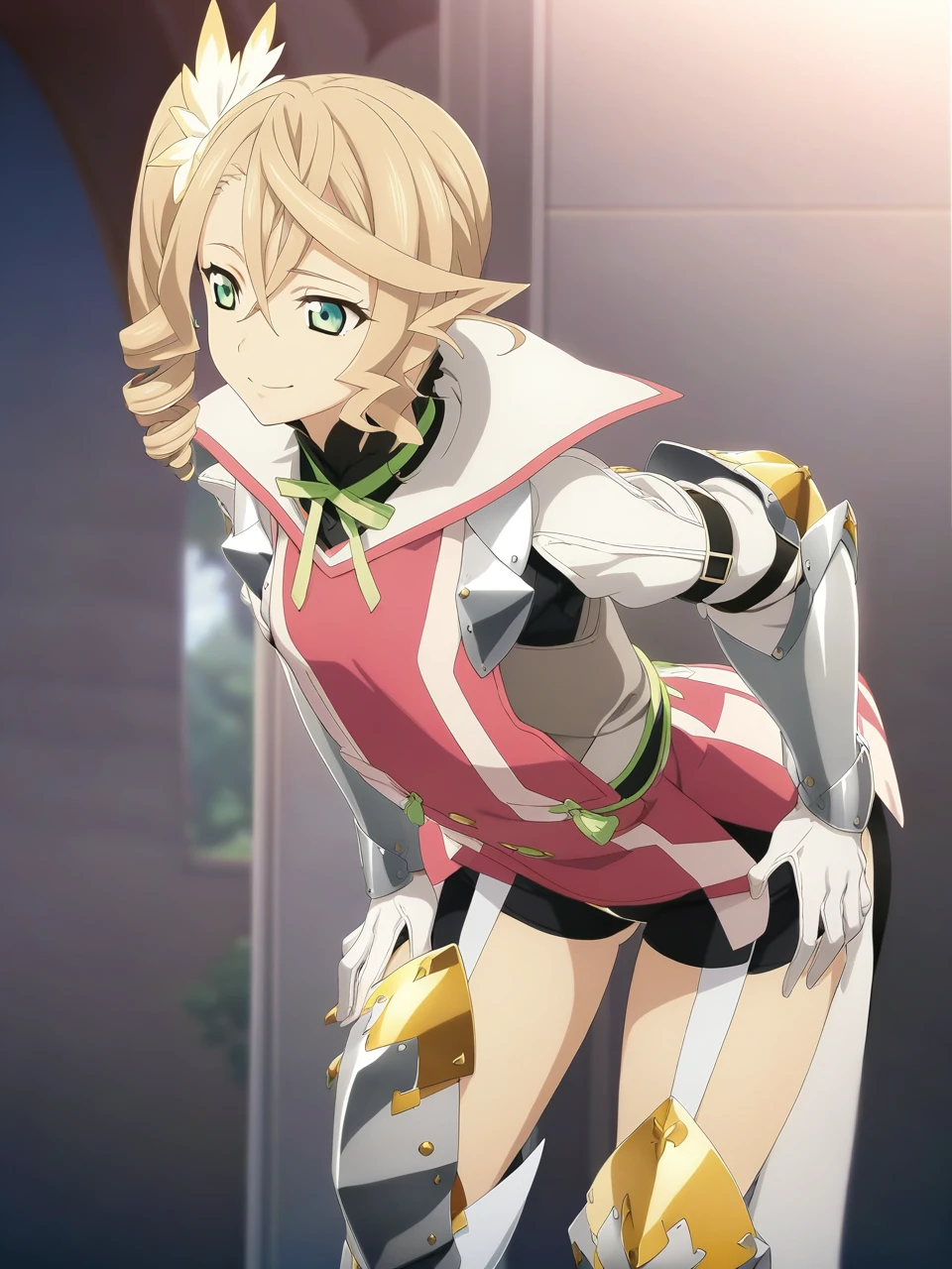 NSFW:1.5,(from back),adarmor, Blonde, Side Ponytail, Green Eyes, armor, Neck ribbon, Black shorts, Garter Straps, Gauntlet, gloves, Greaves, One girl, chest wall, Game CG, Anime screenshots, Official Art, masterpiece, Highest quality,A captivating smile,small breasts,stand,(leaning forward:1.3), (hands on thighs:1.3),(Stick your ass out),focus on hips