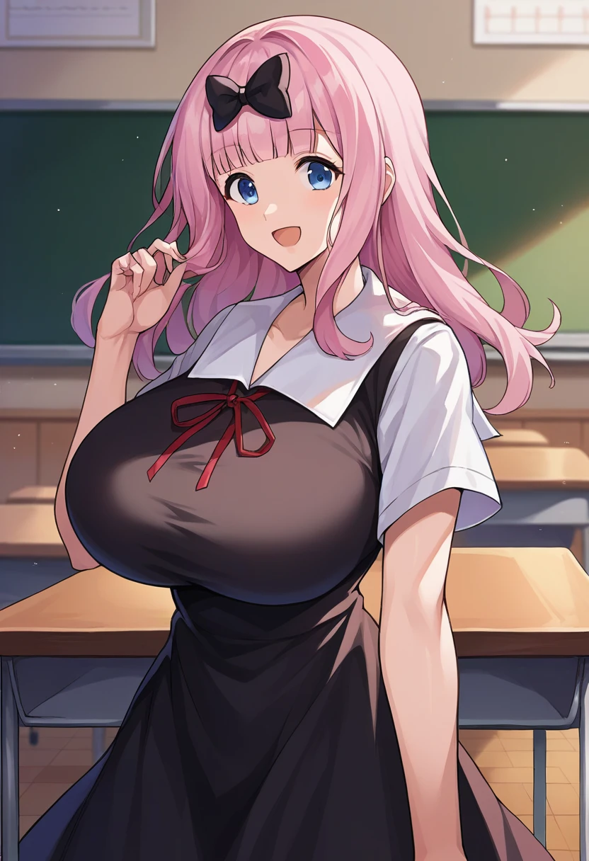 score_9, score_6_up, source_anime, 1girl, solo, classroom, cowboy shot, chika, Blue eyes, pink hair, hair bow, black bow, black dress, white sailor collar, neck ribbon, red ribbon, short sleeves, white shirt, smile, open mouth,Huge breasts 