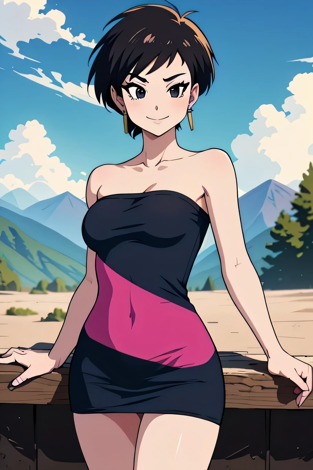 (masterpiece, best quality), 1girl, fasha, 1girl, solo, black eyes, black hair, short hair, spiked hair, earrings, black dress, strapless tube dress, bare shoulders, cowboy shot, green valley and mountains, blue skies, seductive smile