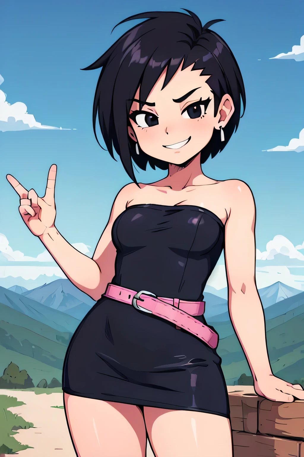 (masterpiece, best quality), 1girl, fasha, 1girl, solo, black eyes, black hair, short hair, spiked hair, earrings, black dress, strapless tube dress, pink belt, bare shoulders, cowboy shot, green valley and mountains, blue skies, seductive smile