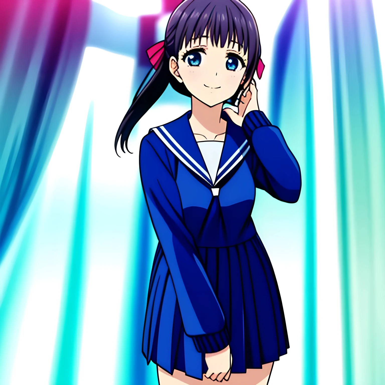 (Highest quality, masterpiece:1.2), Highest quality, High resolution, 1080P, 8k, Game heroine CG, height: 158cm, ((The heroine of the beautiful game, wearing a navy blue sailor uniform, is dancing and reaching out: 1.2)), A face everyone loves, Shiny lips, Bangs too, double, Long upper and lower eyelashes, smile blue eyes, The big, thick yellow bow tie is very cute.., ((Black Hair)), beautiful, Shiny, 長いBlack Hair, ((parallel, Neat, Dark navy pleated skirt)), (((parallel-sleeved navy blue sailor uniform for winter, All dark blue))), ((Navy blue sailor suit: 1.4)), smile, With your mouth slightly open like a game heroine, Ribbon in hair, Tight waist, The background is a blank white space, ((Blur the background)), (Beautiful eyes with detailed: 1.2)