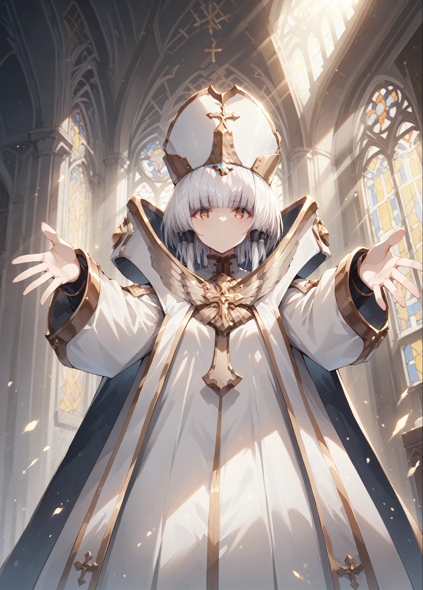 core_9, score_8_up, score_7_up, source_anime, 1girl, solo, looking at viewer, indoors, church, from below, outstretched arms, arcana, white hair, gold eyes, blunt bangs, hair tubes, short hair, long locks, white headwear, cape, white sleeves, long sleeves, cross, jewelry, forehead jewel, rays of light fall from above, giving the painting an atmosphere of divinity, full body, a little bit more mouth, big expressive mounth, all fingers are visible, bare walls