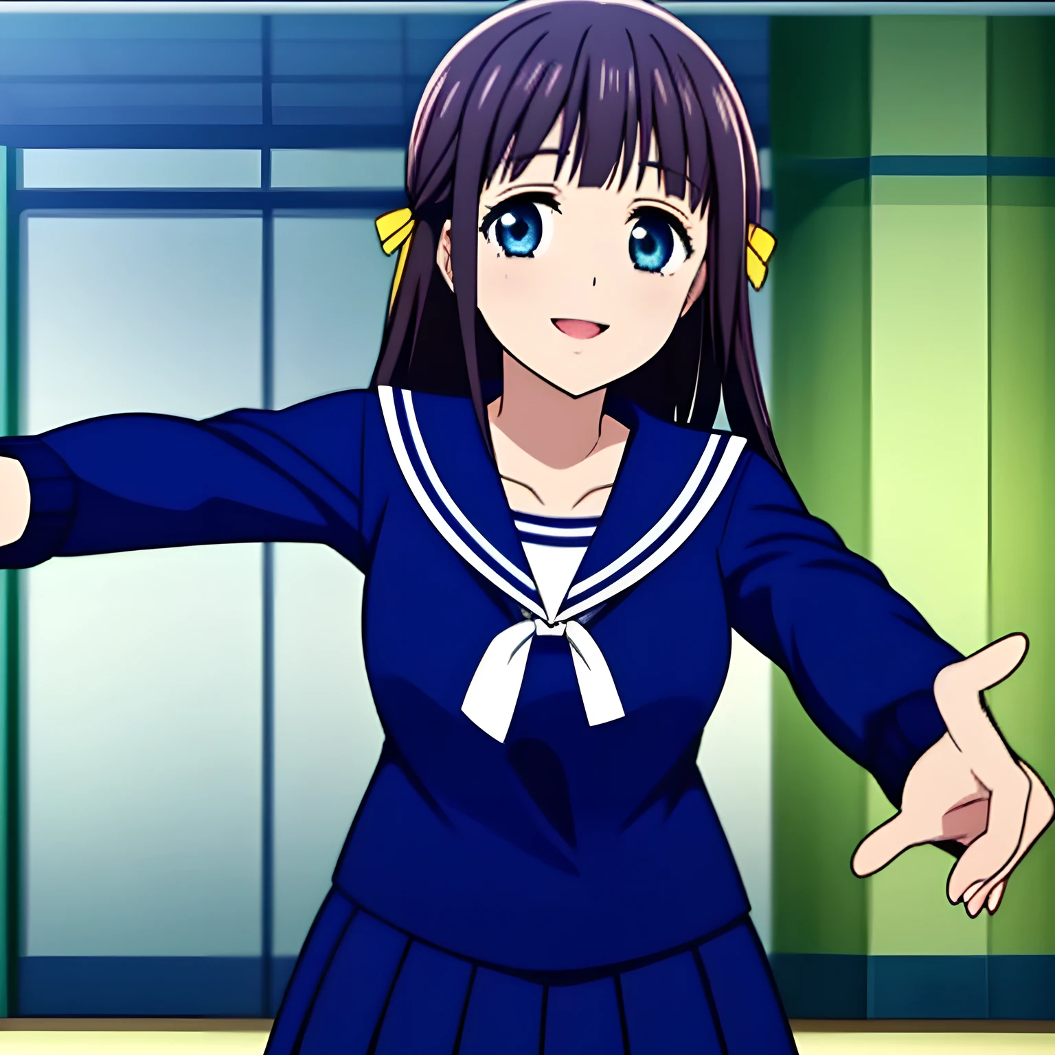 (Highest quality, masterpiece:1.2), Highest quality, High resolution, 1080P, 8k, Game heroine CG, height: 158cm, ((The heroine of the beautiful game, wearing a navy blue sailor uniform, is dancing and reaching out: 1.2)), A face everyone loves, Shiny lips, Bangs too, double, Long upper and lower eyelashes, smile blue eyes, The big, thick yellow bow tie is very cute.., ((Black Hair)), beautiful, Shiny, 長いBlack Hair, ((parallel, Neat, Dark navy pleated skirt)), (((parallel-sleeved navy blue sailor uniform for winter, All dark blue))), ((Navy blue sailor suit: 1.4)), smile, With your mouth slightly open like a game heroine, Ribbon in hair, Tight waist, (The background is a plain blank space), ((Blur the background)), (Beautiful eyes with detailed: 1.2)