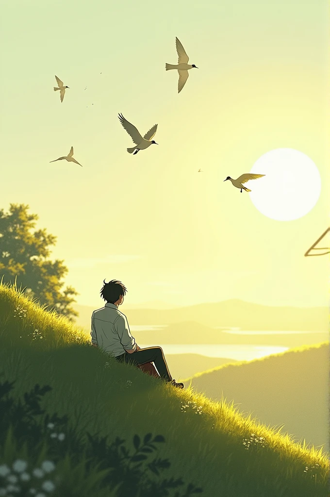 One man sheat down of hill side and bird fly sun shining 