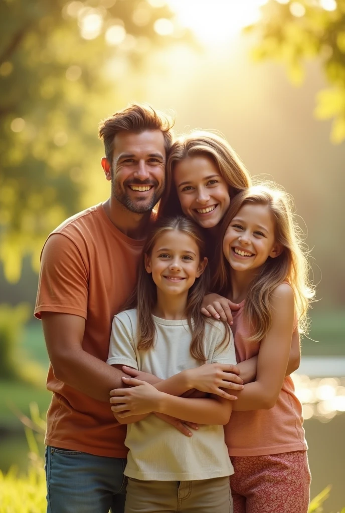 A white family of 5 with 8yr old boy and 16yr old girl the boy must be obscured in darkness making his face not visible 

They are smiling but the boy's face isn't visible. Mom and dad