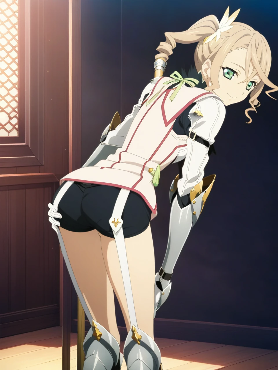 NSFW:1.5,(from back),adarmor, Blonde, Side Ponytail, Green Eyes, armor, Neck ribbon, Black shorts, Garter Straps, Gauntlet, gloves, Greaves, One girl, chest wall, Game CG, Anime screenshots, Official Art, masterpiece, Highest quality,A captivating smile,small breasts,stand,(leaning forward:1.3), (hands on thighs:1.3),(Stick your ass out),focus on hips