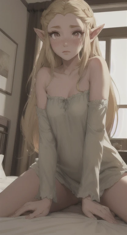 Ancient Hylian, princess Hylia, blushing, blonde, red eyes, looking at viewer, POV, girl on top, view from Below, ancient princess nightgown, long messy hair, ancient Hyrule, medieval bed, 