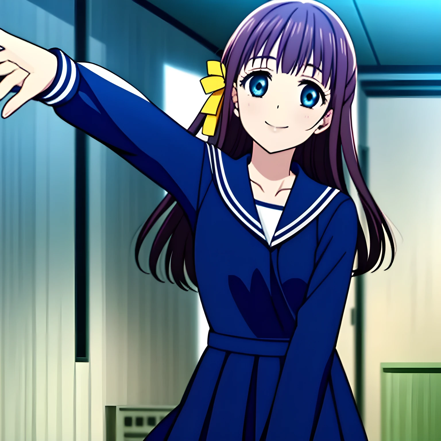 (Highest quality, masterpiece:1.2), Highest quality, High resolution, 1080P, 8k, Game heroine CG, height: 158cm, ((The heroine of the beautiful game, wearing a navy blue sailor uniform, is dancing and reaching out: 1.2)), A face everyone loves, Shiny lips, Bangs too, double, Long upper and lower eyelashes, smile blue eyes, The big, thick yellow bow tie is very cute.., ((Black Hair)), beautiful, Shiny, 長いBlack Hair, ((parallel, Neat, Dark navy pleated skirt)), (((parallel-sleeved navy blue sailor uniform for winter, All dark blue))), ((Navy blue sailor suit: 1.4)), smile, With your mouth slightly open like a game heroine, Ribbon in hair, Tight waist, (The background is Nothing except a plain black space), (Beautiful eyes with detailed: 1.2)