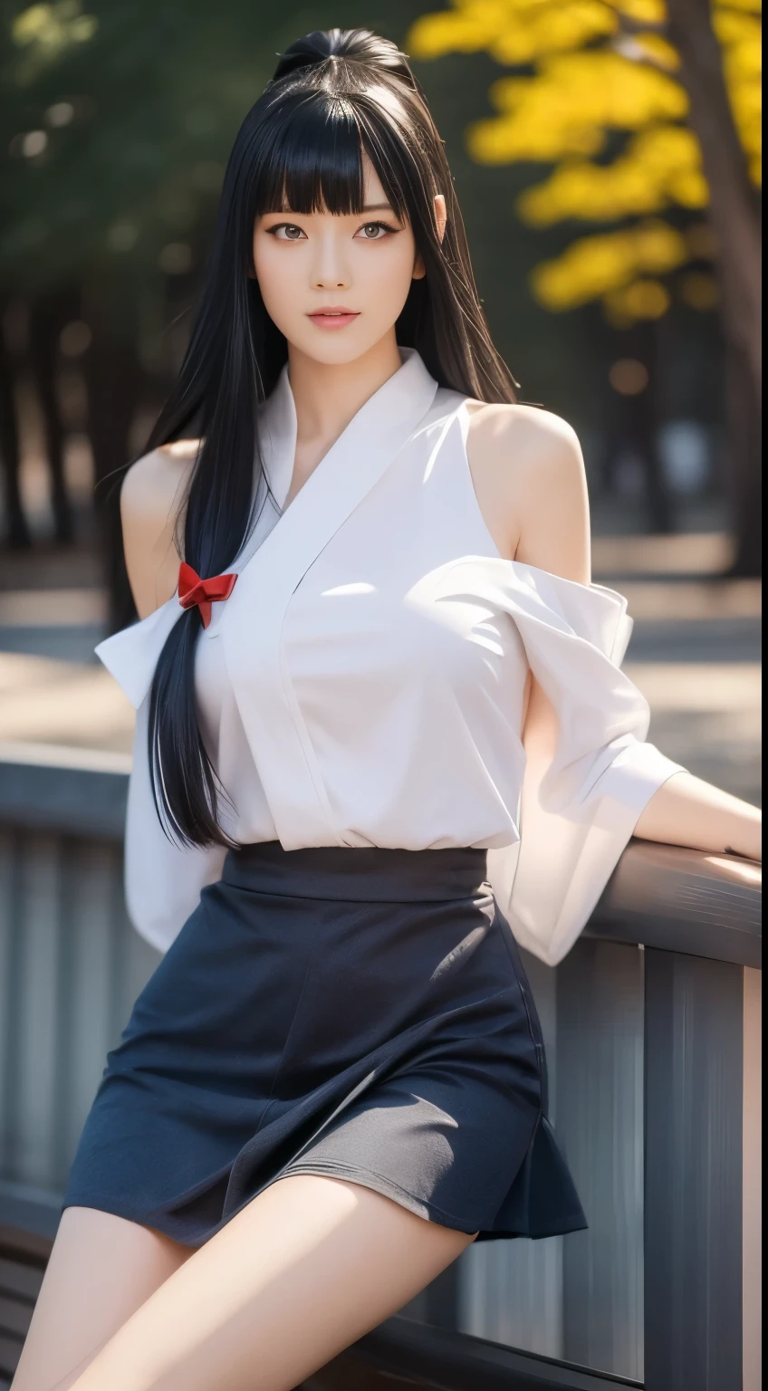 1girl, solo,hazuki ren,cosplay,
black hair,long hair,high ponytail, white hair bow, blunt bangs,
yuigaoka ,, blue jacket, red neck ribbon, black loafers, white socks, long sleeves, white collared shirt, grey dress, open jacket, pinafore dress,
((cowboy shot)), ((Bare shoulder)), ((Short hemlines, sexy long legs)), ((Elegant and charming posture, random view shots)), realistic detailed photo of a giant breasted girl with exposed shoulders, detailed fingers, high quality skin, red eyes, alone in a winter scene with clouds, wind, and flowing hair, (best quality,4k,8k,highres,masterpiece:1.2),ultra-detailed,(realistic,photorealistic,photo-realistic:1.37),studio lighting,vivid colors