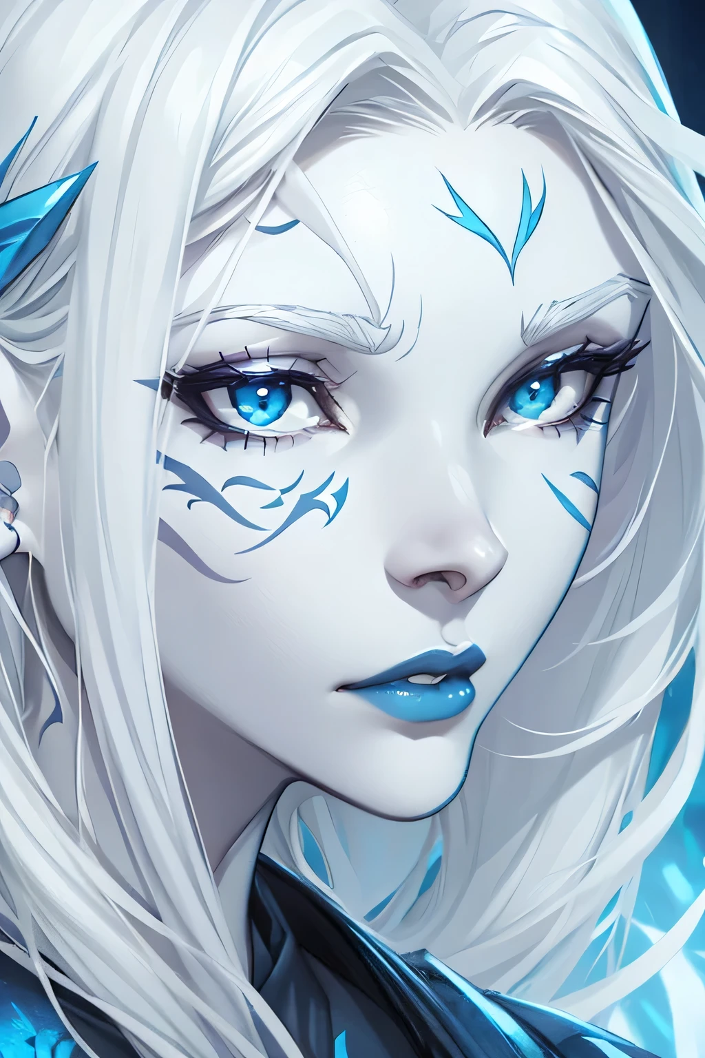 Jarael, pale white skin, White hair, blue lips, face tattoos, face close up