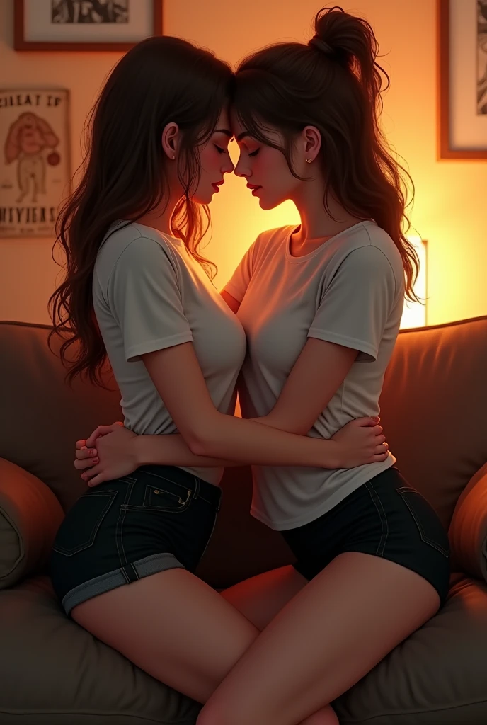 Create an evocative image of teen emma watson and teen natalie portman, side by side outside a spaceship, resting on a bed, resting on a bed,  gazing silently towards the horizon where the warm hues of a setting sun paint the sky in nostalgic colors. Cinematic lighting. pleated skirt, crop top. hug. kiss. passionate gentle kiss on the lips. kissing. looking at each other. grabbing buttocks. consensual. Bliss.