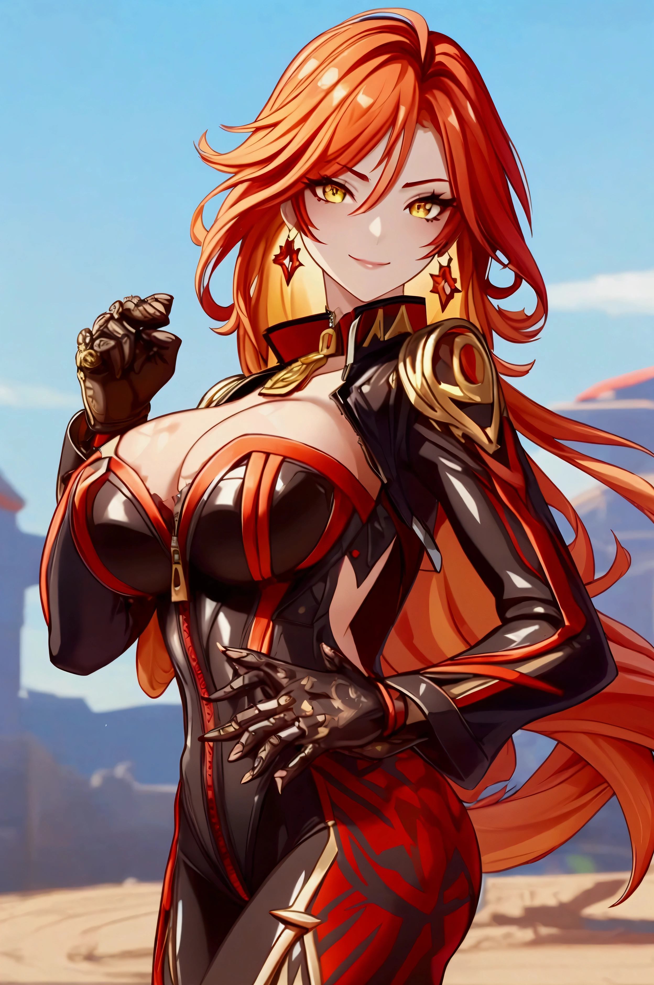 1 woman, Mavuika, genshin impact, gorgeous, smile, standing, in pose, one hand on her waist, flaming hair, (perfect eyes:1.1), beautiful eyes, red and yellow eyes, sun-shaped eyes, beautiful face, (perfect face:1.3), Ultra-detailed face, (detailed face:1.3), sexy face, sexy woman, skin-thight suit, long zip, full body suit, gloves, golden necklance, high heels, (anatomically perfect body:1), (2 hands), (perfect hands.1), (2 legs), (perfect legs.1), huge breasts, big ass, athletic ass, wide thighs, looking at viewer, Ultra-detailed body, (detailed body:1.3), mesa background, (outdoor), High quality, Masterpiece, Ethereal,Ultra-Detailed,8K, divine presence, breathtaking beauty, vivid colors reflects, front view, (full body:1.1)