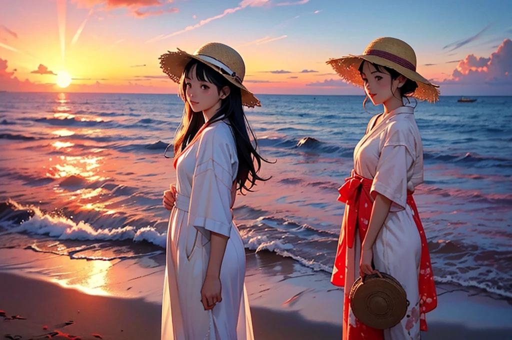 New Retro Anime、Late summer sunset、A woman wearing a white dress、Japanese、Standing on a beach with the ocean in the background、He is not wearing his straw hat and is holding it in his right hand.、（Ships in the distance）、（I can see a big sunset）、A nostalgic landscape completely dyed red