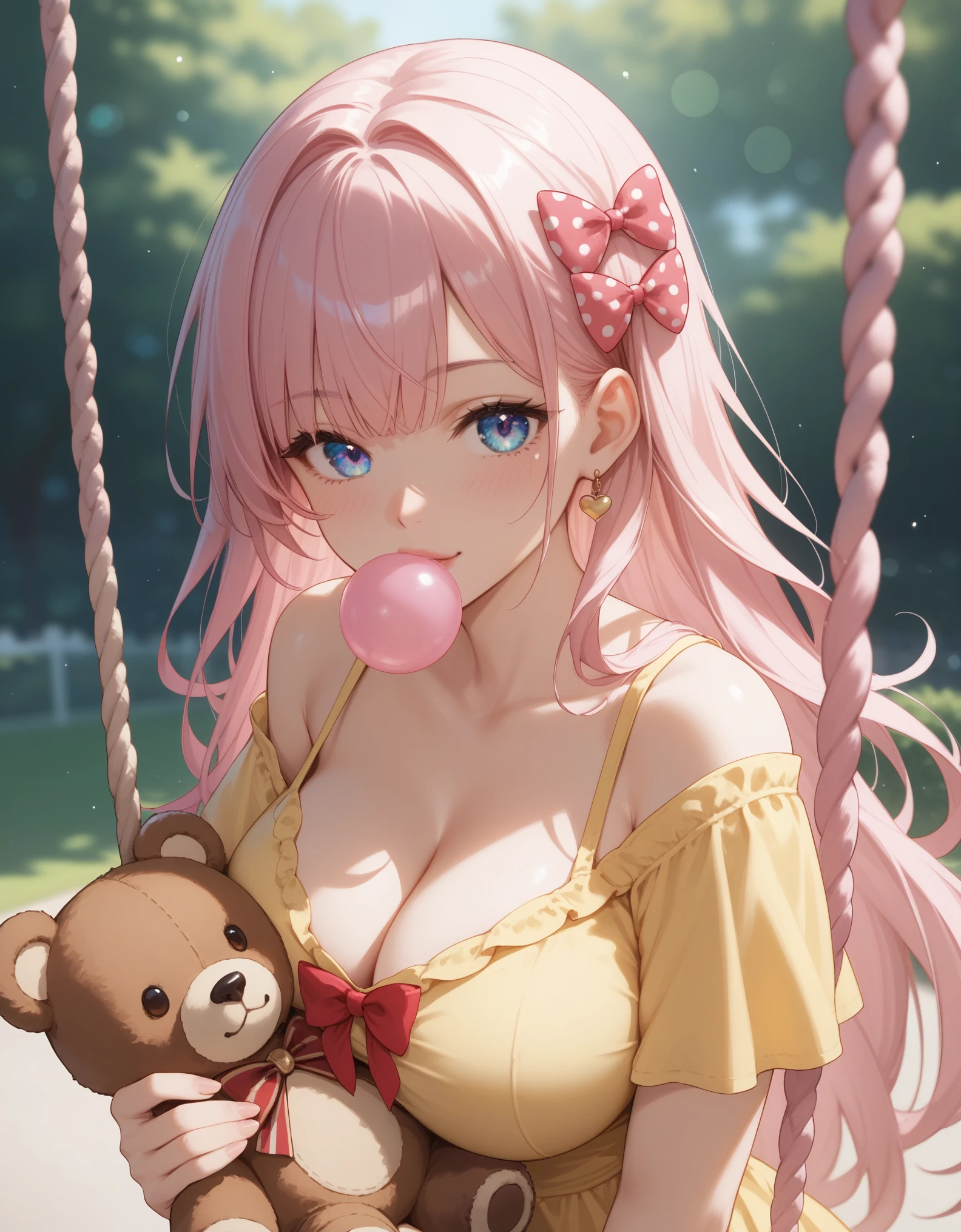 score_9, score_8_up, score_7_up, 1girl, solo, close-up portrait, gentle woman, long flowing hair, bubblegum pink hair, hair with colorful ribbons, beautiful eyes, playful yellow sundress with polka dots, big breasts, (holding a big vintage teddy bear with a rainbow bow), (sitting on a swing set in a park:1.2), bright sunlight, cheerful atmosphere, soft bokeh.
