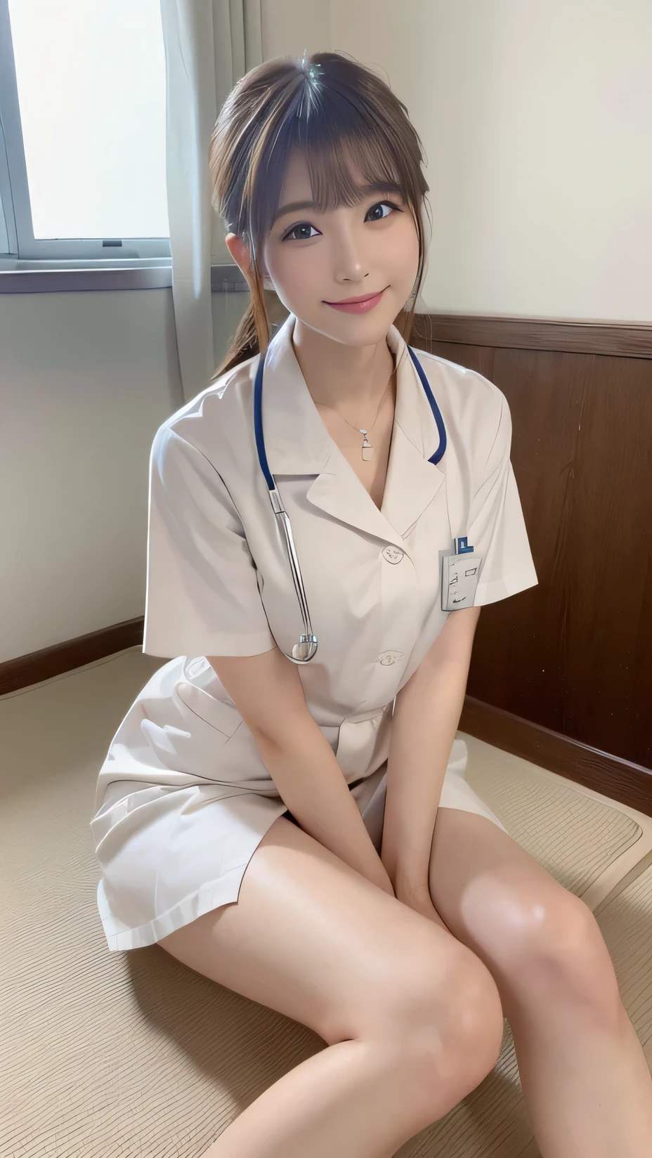 Innocent -yeld gihuge breasts:1.2,cleavage of breasts:1.2、(panty shot:1.3) (white nurse uniform:1.5),( White short skirt:1.5),(White nurse hat:1.5),(white nurse pumps:1.5), (squatting:1.3)、Angle:1.2、(hands down:1.5)、The background is a hospital room.、laugh,shortcut、raw photo, (8K、top quality、masterpiece:1.2)、(intricate details:1.4)、(realistic:1.4)、octane rendering、Highly detailed representation of complex 3D renderings, studio soft light, rim light, vivid details, super detailing, realistic skin texture, detail face, Beautiful eye for detail, Highly detailed CG Unity 16k wallpaper, assembly, (detailed background:1.2), glowing skin, whole body,Squat down and bend your knees.