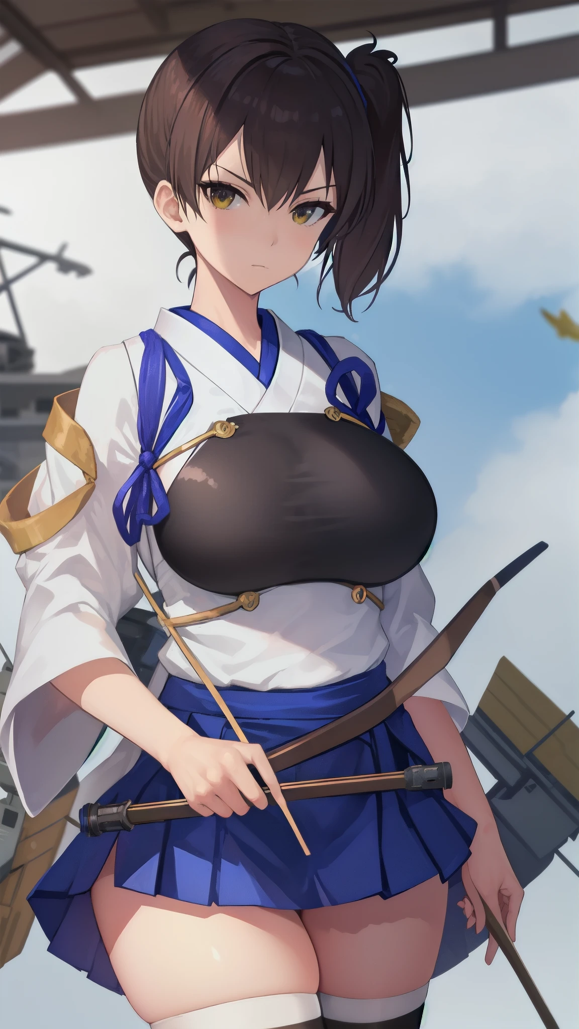 Kaga(Fleet Collection),highest quality, masterpiece, High resolution,kimono,blue skirt,side ponytail,big_breasts,large_thighs,thigh-highs,plump,hold_Japanese_bow,(angry:0.7), bow_shooting_pose