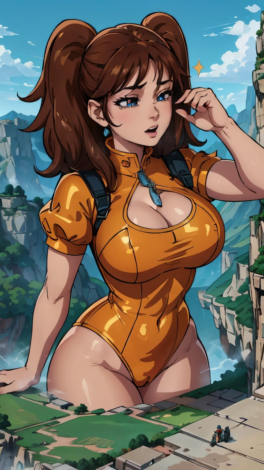 "From a tiny person's perspective, looking up at Giantess Diane from Seven Deadly Sins. Ultra-realistic, high detail (8K), with intricate textures and shading. Diane towers above, her massive figure filling the sky, long brown hair in twin ponytails cascading down with every strand rendered in exquisite detail. Her amber eyes sparkle with mischievous intent, her calm, hungry smile highlighting every fine line on her lips and teeth, showing off the depth of her emotions. She holds you firmly in her gigantic hand, with the texture of her skin and the power in her fingers clear, as she brings you closer to her open mouth. The lighting captures the subtle gleam in her eyes and the shading of her muscular body in her tight orange leotard, emphasizing every curve and muscle. Behind her, the vast mountains and landscape, rendered in full detail, further enhance her enormous scale, while clouds and sunlight interact with her towering presence, making her seem godlike and powerful. Ultra-realistic environmental lighting and atmospheric effects add depth, making the scene feel immersive."