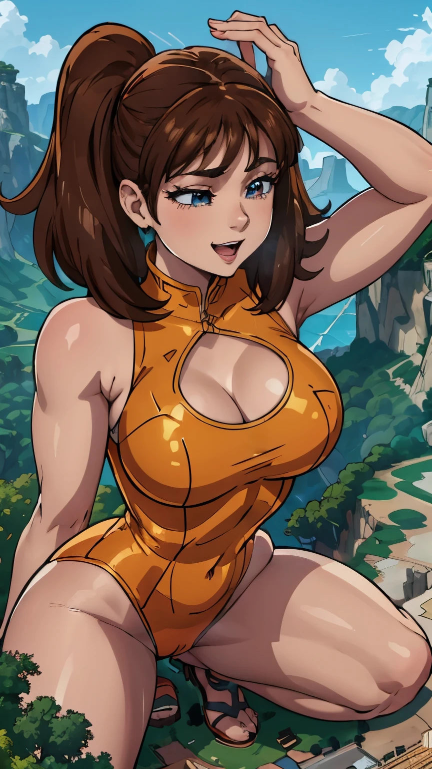 "Giantess Diane from Seven Deadly Sins, seen from a tiny person’s perspective as she looms above, her amber eyes gleaming with hunger. Long brown hair in twin ponytails, her playful yet mischievous smile revealing her intentions. She holds the tiny person gently in her hand, lifting them closer to her open mouth, as if ready to eat them. Her orange leotard clings to her muscular, towering figure, making her appear both powerful and dominant. The camera angle emphasizes her immense size, making the viewer feel small and vulnerable. Background: A rocky terrain, with Diane towering over it, her playful hunger adding to the intense, larger-than-life atmosphere.