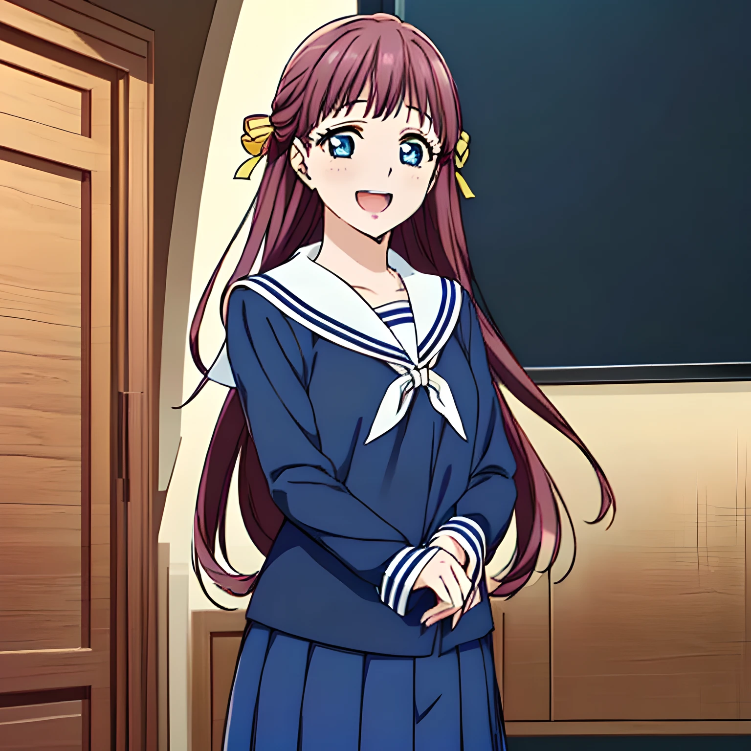 (highest quality, masterpiece, Full HD, High definition, High saturation and contrast to enhance female beauty: 1.2), (Japanese Game CG art of a solo beautiful giggling noble elegant girl wares navy sailor-styled uniform, charming elegantly, Noble Elegant but lecherous salacious insane and lascivious, sailor uniform: 1.5), (Just one very beautiful date-game noble heroine who is looking and laughing at me, Very detailed cute noble **** heroine's noble eyes and face, Beautiful giggling eyes with detailed: 1.4), (Super-long bottom-eyelashes: 1.2), (Girl whom everyone loves because of her beauty and lovely fashion and noble manner and mind of evil succubus and magical-charm of evil succubus: 1.0), (Very beautiful, wavy, cutely super-super-long dark-dark-blue-dark-blue rich hair, with elegant hair ribbons, spreading on whole the screen: 1.3), (Laughing very beautiful and sapphire-blue mature intelligent cute-eyes which charms and enslave me inevitably, with clearly detailed: 1.4), (Eyes are clearly detailed), (very long eyelashes: 1.0), (Realistic noble neat noble school navy-colored sailor uniform with a noble expensive glossy red ribbon on the chest: 1.4), (Realistic Charming neat navy-colored deeply pleated long expensive school skirt: 1.5), (Soprano singer of classic music: 1.6), (Can't stop giggling: 1.6), Clear skin, (Nothing except black background: 1.5), (Navy-colored tops and cute collar of sailor-uniform: 1.6)